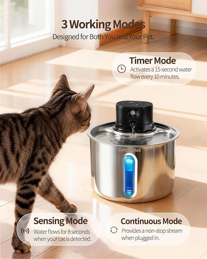 Wireless Cat Water Fountain Cordless Cat Drinking Fountain Stainless Steel, 74oz/2.2L Battery Operated Pet Water Fountain for Cats Indoor with 11 Filters