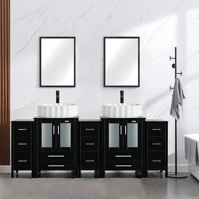 eclife 84" Modern Bathroom Vanity Sink Combo Freestanding Cabinet with Small Side Cabinet, White Shell Ceramic Vessel Sink, Water Save Faucet, Drain (Black+T54)
