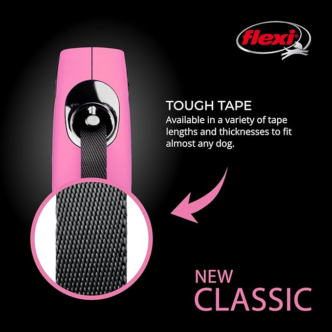 FLEXI New Classic Tape Retractable Dog Leash for Medium Dogs Upto 55 lbs. – 16 ft., Pink | Tangle Free Pet Walking Leash with One-Handed Brake, Pause, Lock | German Quality Product