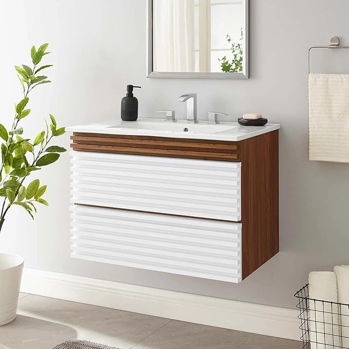 Modway Render 30" Wall-Mount Bathroom Vanity in White Walnut White