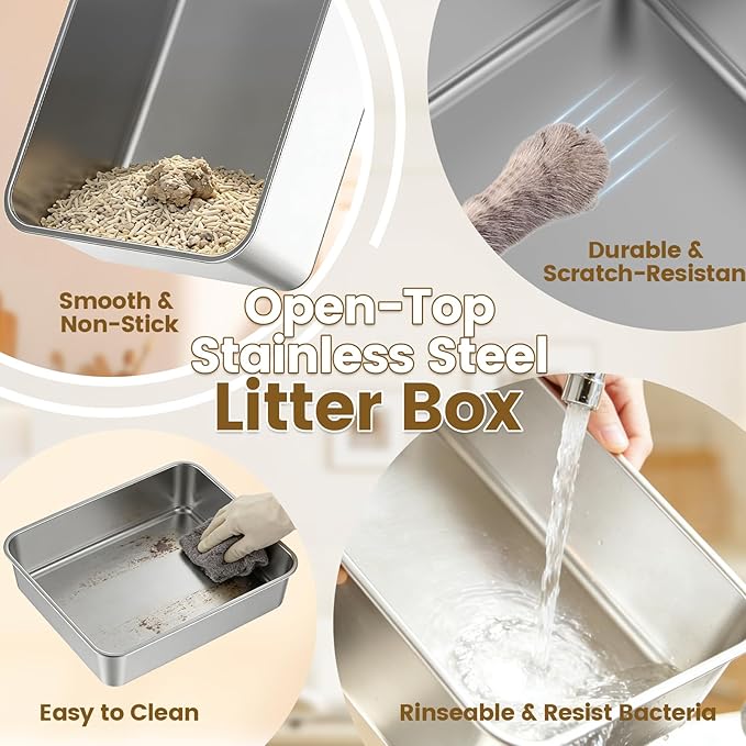 11.8" High Sided Cat Litter Box, Open-Top, Low Entry for Kittens & Small Cats, Stainless Steel Litter Pan Easy to Clean, Anti-Leak, Compact Space-Saving Size(17.3" L x 13.4" W × 11.8" H)
