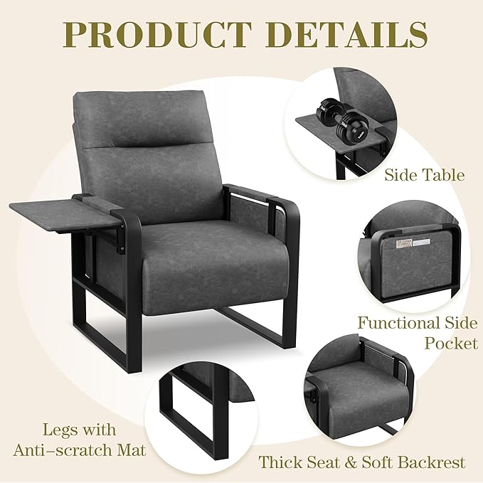 Modern Accent Chair with Tray Table PU Leather Upholstered Armchair for Bedroom Leisure Living Room Chairs Office Chair Grey