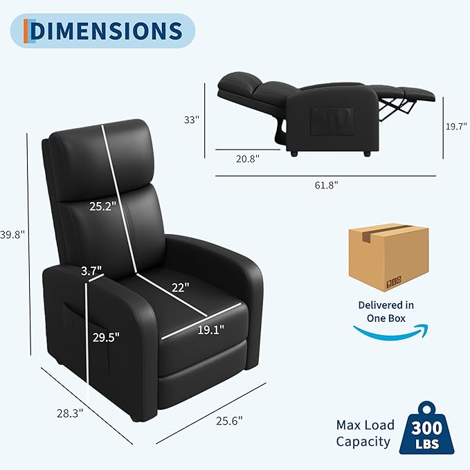Garvee Recliner Chair for Adults, PU Leather Lazy Recliner Ergonomic Adjustable Single Sofa Enhanced with Side Pocket, Tall Back, Wide Arms & Padded Seat, Home Theater Seating for Living Room