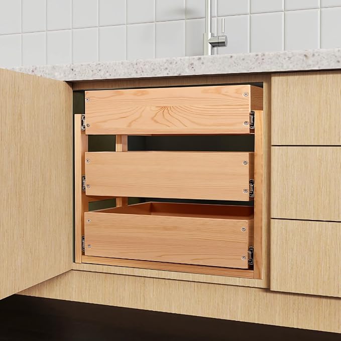 Pull Out Drawers For Cabinets, 26''W×21''D×19''H Soft Close Slide Out Wood Shelves Storage Organizer for Kitchen, 3-Tier, Finished, Heavy-Duty, Bottom Assembly