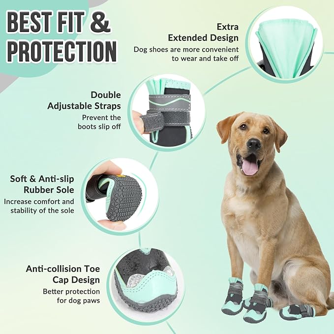 SlowTon Dog Shoes for Large Small Medium Dogs - Waterproof Dog Boots for Summer Hot Pavement, Paw Protector for Outdoor Walking Winter Snow, Anti-Slip Rubber Dog Booties for Hardwood Floor (GR, 1)