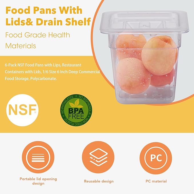 1/6 6'' 6 Pack NSF Commercial Food Pans with Lids & Drain Tray, 1/6 Size 6 Inch Deep Restaurant Containers, Food Storage with Capacity Scale, Restaurant Supplies Hotel Pan, Polycarbonate