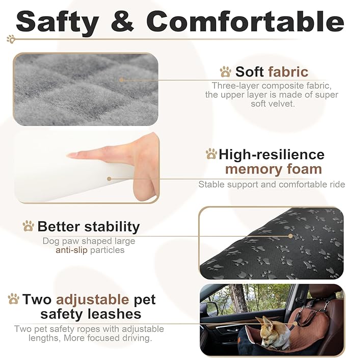 Car Dog Booster Seat,Interior Height 7 Inches Elevated for Small Dog up to 35 lbs,Pet Car Travel Safety Seat with 2 Safety Leashes,Storage Pockets,Fully Detachable and Easy to Install(Lookout-Grey)