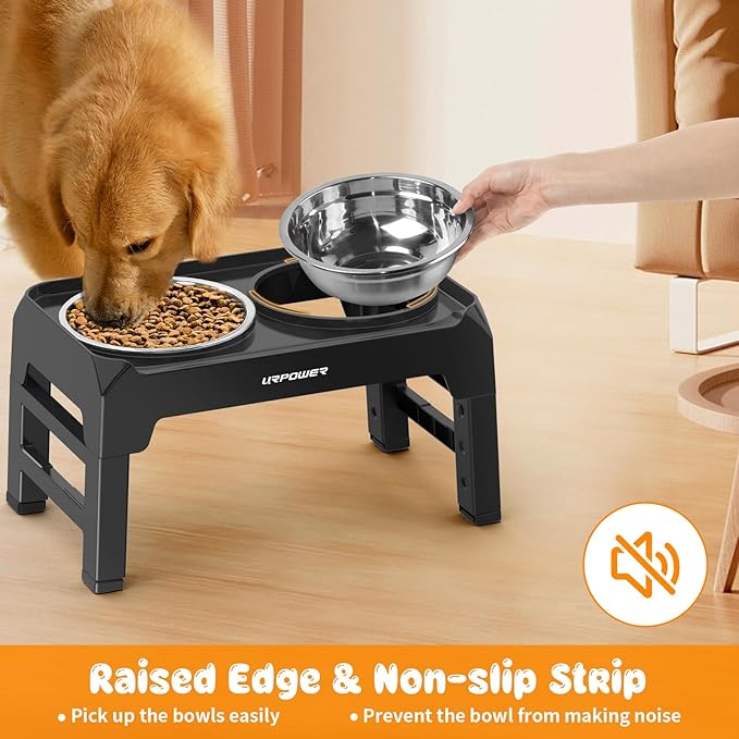 URPOWER Raised Dog Bowls 4 Height Adjustable Elevated Bowl Stand with Stainless Steel Water Bowl Non-Slip Dog Food Bowls Stand for Small Medium Large Dogs and Pets