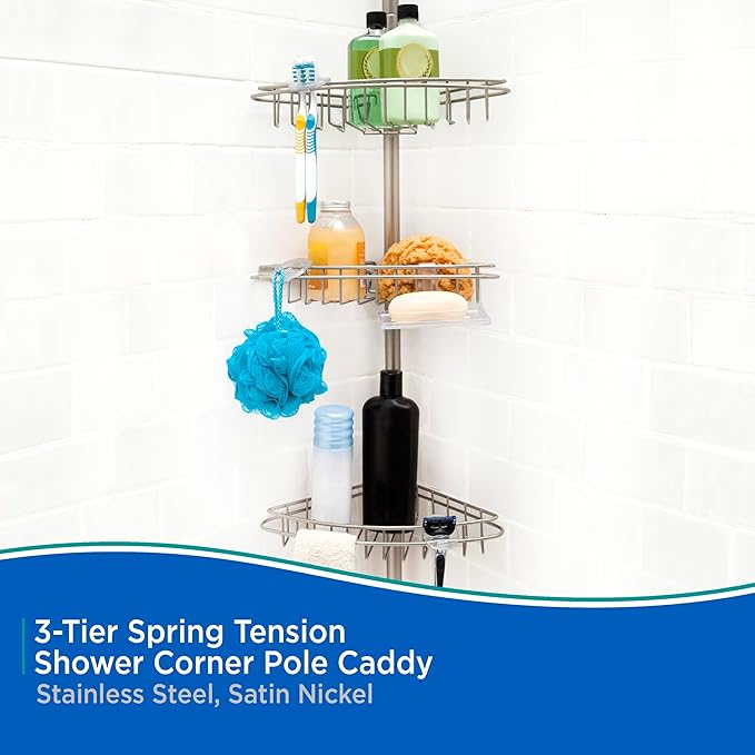 Kenney KN61520 Adjustable Height (5'-9') Spring Tension Metal Corner Pole Shower Caddy with 3 Adjustable Rust-Proof Basket Shelves, Towel Bars, and Razor Holders for Bathroom Shower, Satin Nickel