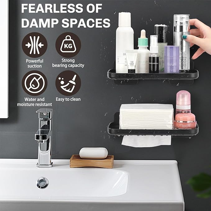 2 Pack Adhesive Floating Shelves No Drill Small Floating Shelf for Wall Storage Damage-Free Wall Mounted Organizer for Bathroom, Kitchen, Bedroom & Office (Black-4pcs)