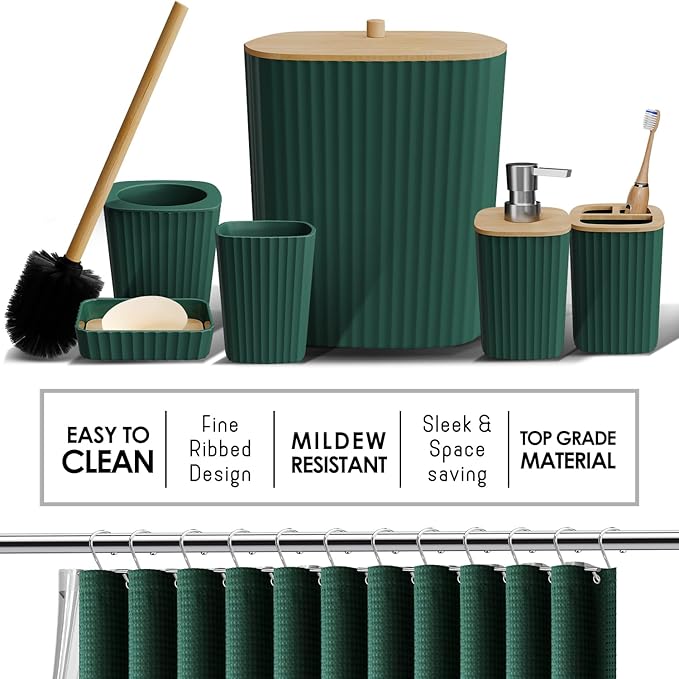Clara Clark Bathroom Accessories Set - Bathroom Set, Bathroom Accessory Set, Shower Curtain Set, Toilet Brush, Trash Can & Soap Dispenser - Green - 20PC