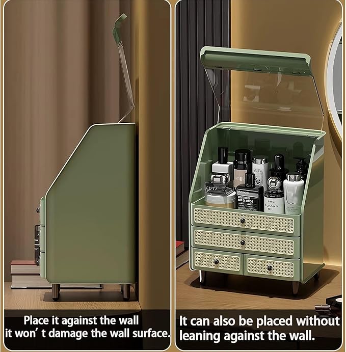 Large Cosmetic Storage Box Dustproof And Waterproof. Display Case with Drawers Countertop Vanity Organizer for Skincare, Lipsticks, Perfume – Bathroom Cosmetic Storage Display Box (Green)