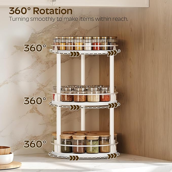 Spice Rack, Set of 2 Lazy Susan Organizer, 3-Tier Turntable Organizer For Cabinet, Compact and Versatile, for Kitchen Countertop, White SR23L2WW