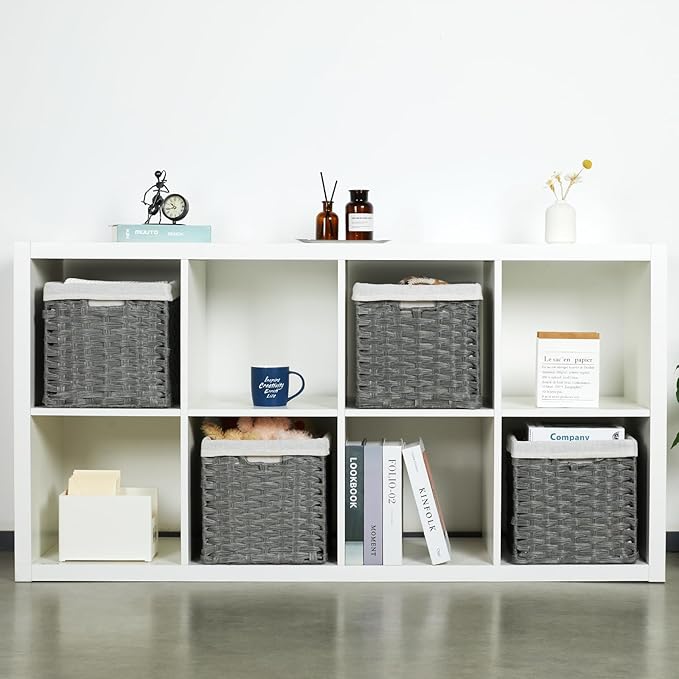 Bidtakay Wicker Storage Baskets for Organizing 4-Pack Hand-Woven Imitation Dark Grey Wicker Cube Storage Bins with Liners for Shelves Closet Cabinet 11x11 Waterproof Cube Organizer for Pantry