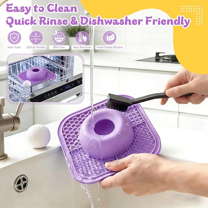 PetsHome Slow Feeder Dog Bowls & Lick Mat for Liquid and Thick Treat, Anti-Slip Dog Lick Bowl with Interactive Rolling Ball, 5/6 Cup Pup Licking Toy for Large Medium Small Dogs and Cats Purple