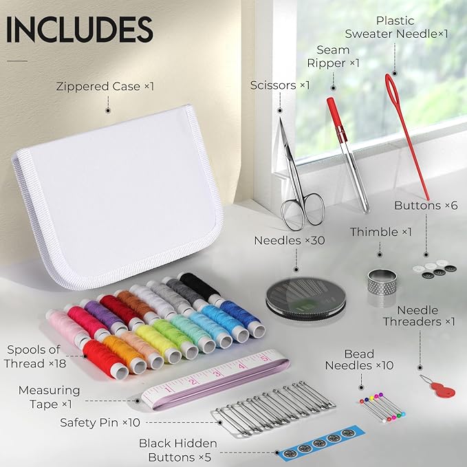 Coquimbo Sewing Kit Gifts for Adults Teen Grils Women Mom Grandma, Portable Sewing Supplies Contains Tape Measure, Scissors, Thimble, Thread, Sewing Needles (White, M)