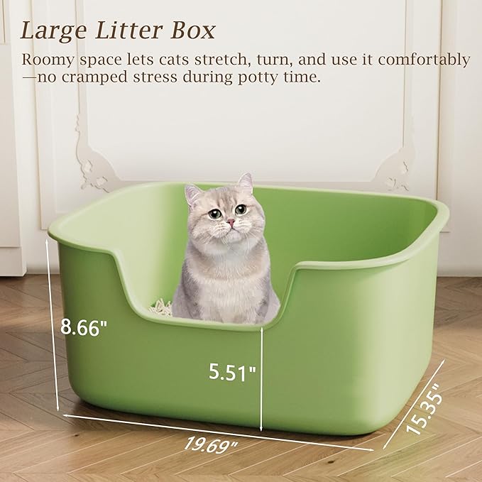 Large Cat Litter Box with High Sides, Side Entry Open Top Deep Tall Litter Pan, Kitty Litter Box for Indoor Small and Medium Cats, Green (Anti-Splashing) 19.7" L x 15.4" W x 8.6" H