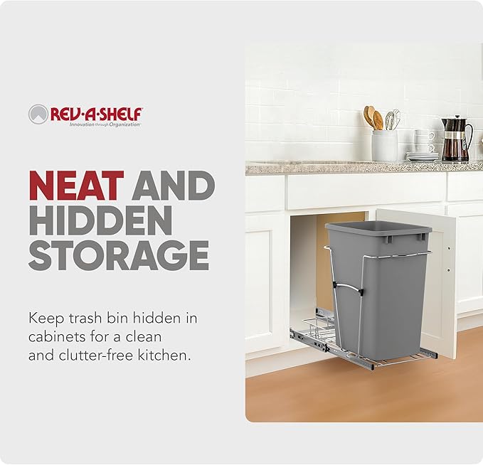 Rev-A-Shelf Pullout Trash Can for Kitchen Cabinets 35 Qt Garbage Waste Recycling Bin w/ Full Extension Slide, Metallic Silver, RV-12KD-17C S