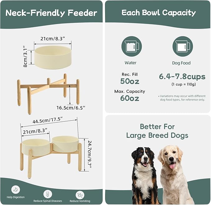Ceramic 8.2inch Raised Dog Bowl with Stand for Large- Breed Dogs, Pet Food and Water Feeder (Double Bowl with Stand - Light Yellow)
