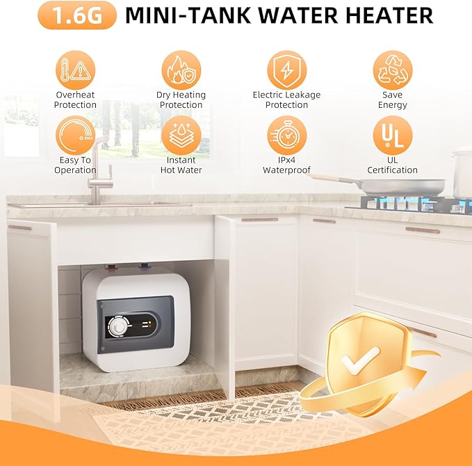 Electric Mini Tank Water Heater, 1.6Gallon Under Sink On Demand Hot Water Heater, Wall or Floor Mounted, 1500W Point of Use Instant Hot Water for RV Kitchen Bathroom Restaurant