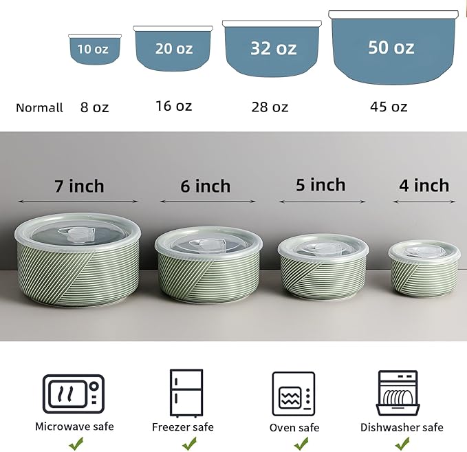 Ceramic Nesting Bowls with Lids: Mixing Bowls with Lids - Porcelain Food Storage Containers For Prep and Serving, Microwavable Kitchen Bowl Set of 4, 50/32/20/10 oz (Green)