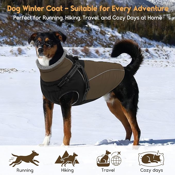 ASENKU Reflective Dog Coat with Built-in Harness, Windproof Fleece-Lined Dog Jacket for Small, Medium, Large Dogs, Warm Winter Vest with Turtleneck & Zipper (Khaki M)