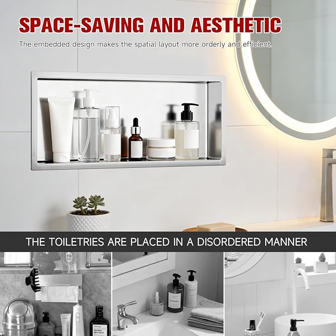 No Tile Needed Shower Niche 13"X 31", Bathroom Wall Niche Single Shelf, Stainless Steel Shower Niche for Bathroom, Kitchens, Balconies