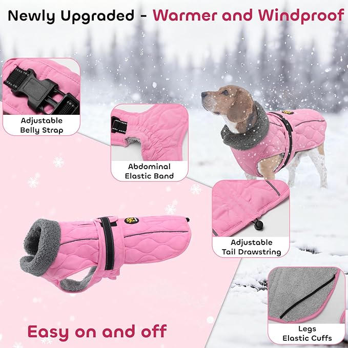 Dog Coats, Warm Puppy Apparel with Fleece Lining for Cold Weather, Windproof Medium Dog Winter Jacket, Reflective Dogs Snow Coat with Leash Hole and Adjustable Buckle, NewPink M