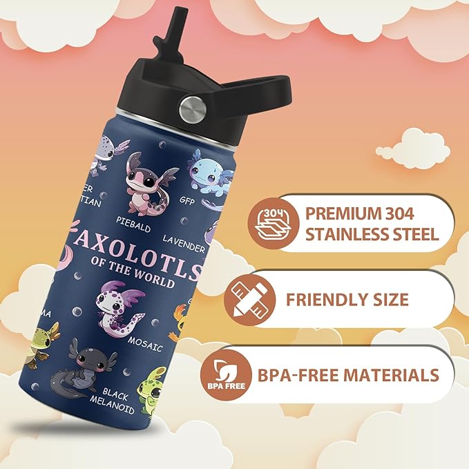 Axolotl Gifts, 16 oz Water Bottle with Straw Lid, Stainless Steel Insulated Tumbler, Cute Animals Water Bottle, Axolotl Cup Gifts for Birthday Christmas (1pcs)
