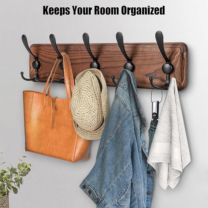 Rustic Wall Mount Coat Rack, Coat Hooks Wall Mount Wood Coat Rack with 5 Triple Hooks, Heavy Duty Wooden Wall Mounted Coat Hanger for Entryway, Farmhouse Hanging Coats, Hats, Bags,Towels