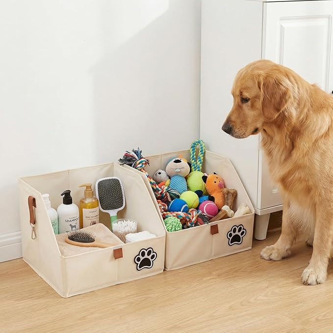 2-Tier Dog Shelves Storage Organizer, Dog Toy Basket, Hanging Closet Organizer for Pet, Fabric Storage Bins Dog Cabinet, Collapsible Baskets for Dog Toys,Colloar,Clothes,Blanket -Beige