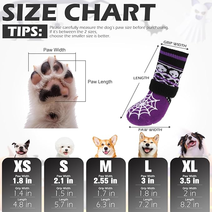 EXPAWLORER Halloween Anti Slip Dog Socks to Prevent Licking Paws, Boots & Paw Protectors with Spider Web Grippers,Doggie Booties for Hardwood Floors for Small Medium Large Senior Dogs Purple Ghost L
