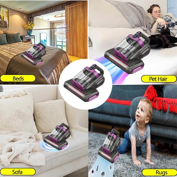 Bed Vacuum Cleaner,16Kpa Suction Double Cup Cordless Mattress Vacuum Cleaner with Ultrasonic and LED Display,18000 RPM/Min Brushroll,Cordless Vacuum for Pet Hair,Sofas,Blankets,Mattresses,etc.