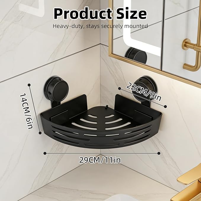 2026 New Corner Shower Shelf Suction Cup Shower Caddy, No Drilling Bathroom Storage Rack, Corners Organizer Storage Rack Adhesive with Towel Bar (Black three-layer)