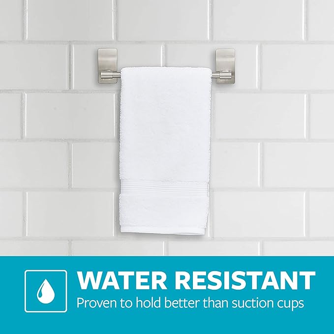 Command Hand Towel Bar Satin Nickel with 4 Water Resistant Command Strips, 9" Hand Towel Holder, Holds up to 3 lb, Great for Bathroom Décor on The Wall, Inside The Cabinet, or in The Shower