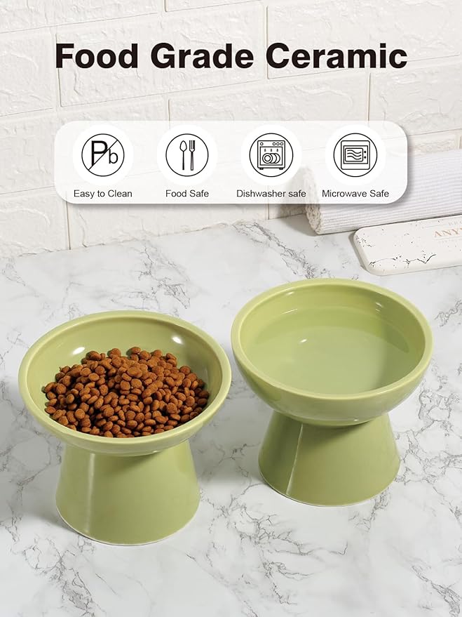 LoeJan Elevated Cat Food and Water Bowls Set, Extra Wide and Raised Ceramic Feeder, Anti-Vomit Whisker-Free Pressure Feeding Bowl for Kittens Adult Cats Small Dogs (Green, Bowl Set)