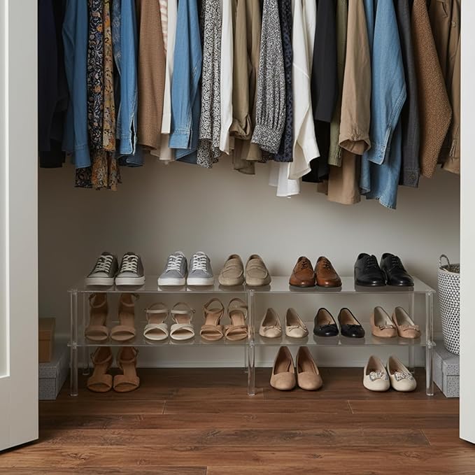 2 Tier Acrylic Long Shoe Shelf Clear Acrylic Shoe Organizer, 42.5" L x 11.8" W x 12.2" H, Holds 10 to 12 Pairs for Heels, Sneakers, Flats in Closet, Entryway, Bedroom, Easy Assembly & Clean