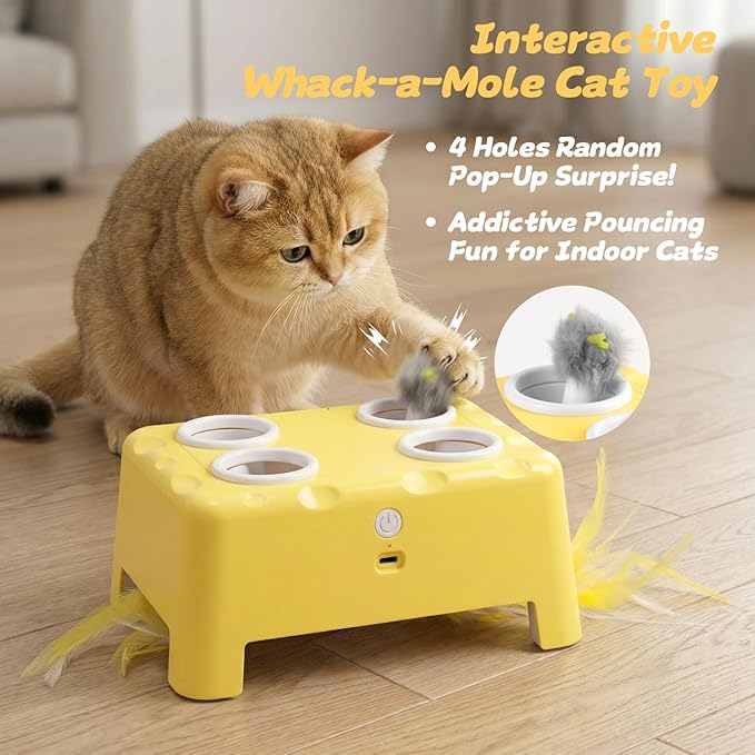 2-in-1 Cheese Box Shaped Interactive Cat Toys for Indoor Cats – 4-Hole Mole & Rotating Feather | USB Rechargeable Electronic Cat Toy for Bored Indoor Adult Cats & Kittens, Cat Whack a Mole Toy, Yellow
