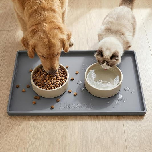 Extra Thick Silicone Mat Waterproof with Raised Edge 19” x 12”, BPA Free Non-Slip Dog & Cat Food Mat, Feeding Mat for Food and Water Bowls, Spill Proof Mat to Protect Floors, Gray
