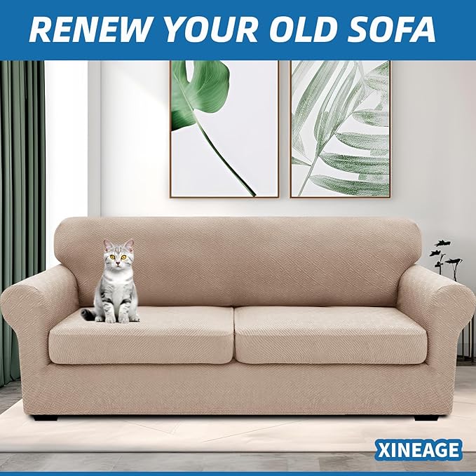 XINEAGE 2025 New 3 Pieces Couch Covers for 2 Extra Large Cushion Sofa Super Stretch Sofa Cover for 2 Large Seat Cushion Universal Loveseat Slip Cover for Living Room (Khaki), 71"-91"(2 Cushions)