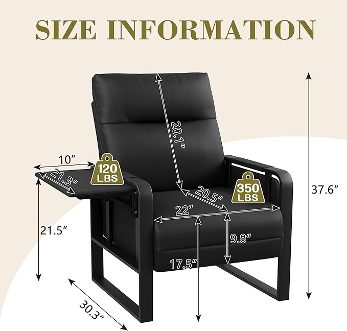 Modern Black Accent Chair PU Leather Upholstered Armchair with Tray Table for Bedroom Living Room Chairs Office Chair