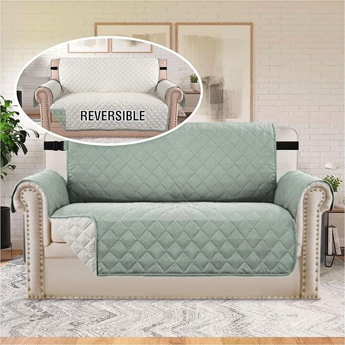 H.VERSAILTEX Reversible Loveseat Couch Cover for 2 Cushion Couch Water Resistant Furniture Protector for Pets Durable Large Cushion Protector with Elastic Strap(Oversized Loveseat, Desert Sage/Beige)