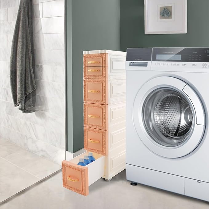 5-Tier Plastic Drawers Storage Dresser, 33"H Narrow Slim Storage Organizer Vertical Drawer Unit, Rolling Thin Storage Tower with Wheels for Small Spaces Gaps Home Furniture (Orange)