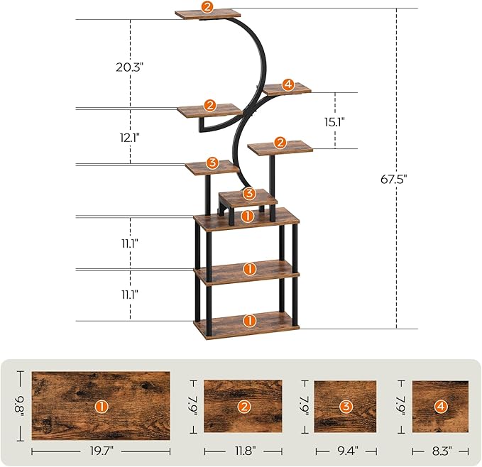 Plant Stand Indoor with Grow Lights, 9-Tier Metal Plant Stand, 69'' Tall Corner Display Shelf for Indoor Plants, for Living Room, Patio, Bedroom, Rustic Brown PT01BR