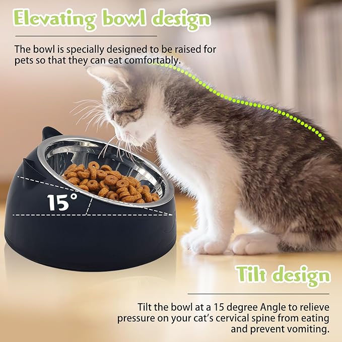 Hamiledyi Raised Cat Bowls 4 PCS - 15° Tilted Elevated Stainless Steel Food & Water Bowls for Anti-Vomiting, Spill Proof - Detachable Pet Dish Set for Cats/Kittens Feeding (Black+White, 200+400 ML)