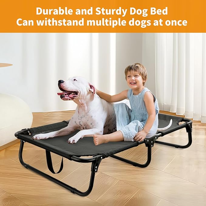 Foldable Elevated Dog Cot, No Assembly Need, Waterproof Folding Raised Dog Bed, Outdoor Dogs Cot Cooling Pet Hammock Bed with Breathable Mesh for Small Medium Size Dogs, Chew-Proof, Black