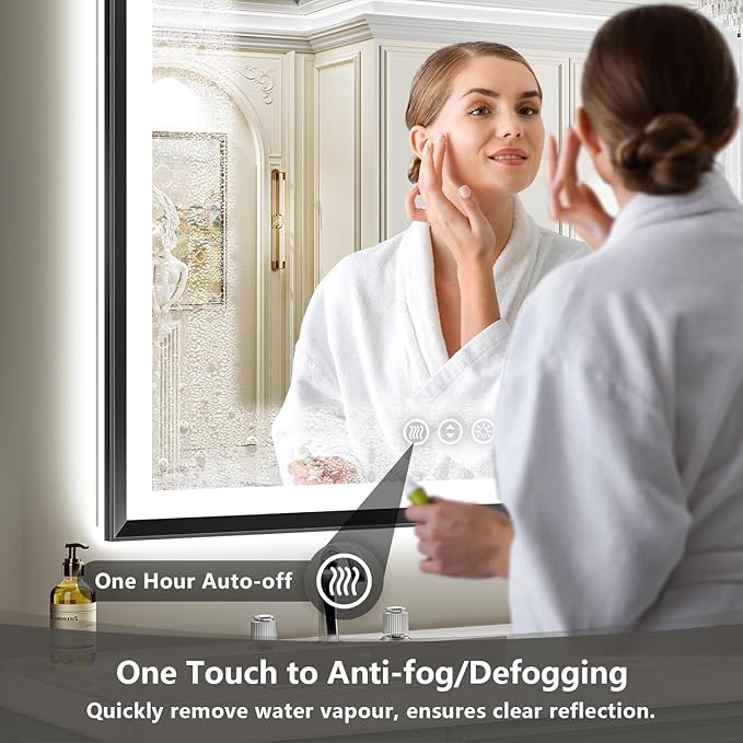 55x40 Black Framed LED Bathroom Mirror with Lights, Backlit and Front Light, Lighted Bathroom Vanity Mirror for Wall Dimmable Anti-Fog Memory Tempered Glass Horizontal/Vertical
