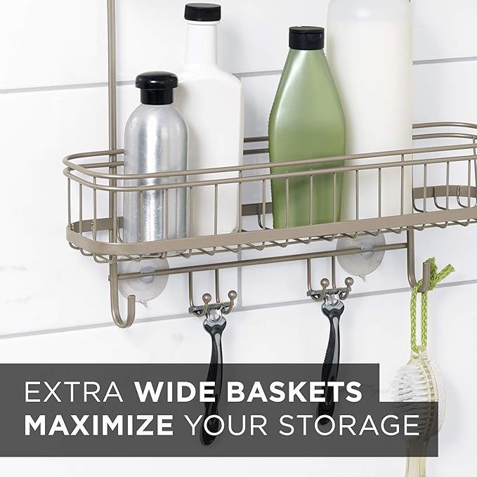 Zenna Home Shower Caddy, Modern and Functional, Steel Shower Rack with 2 Extra Wide Shelves and Built-in Hooks, Satin Nickel