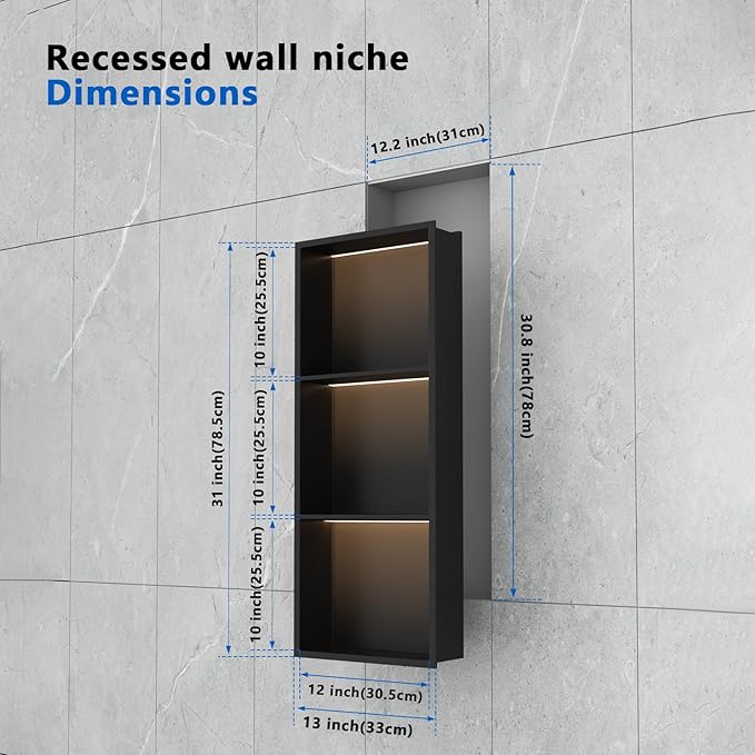 QAOYEDE 12"X30" Stainless Steel Shower Niche 3-Tier Shelf, Matte Black with Waterproof LED Light, No Tile Needed Recessed Wall Organizer for Bathroom