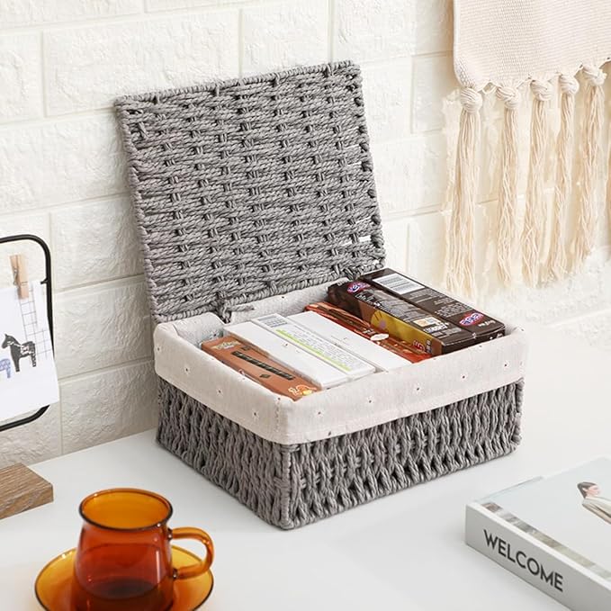 Wicker Shelf Basket with Lid Paper Storage Baskets for Shelves Medium Storage Bin with Removable Liner Nesting Decorative Woven Basket for Makeup Closet Organizer (Medium, Grey)